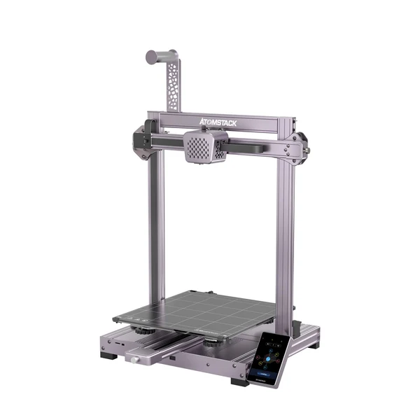AtomStack-branded desktop 3D printer with a vertical Z gantry, heated build plate and touchscreen control panel