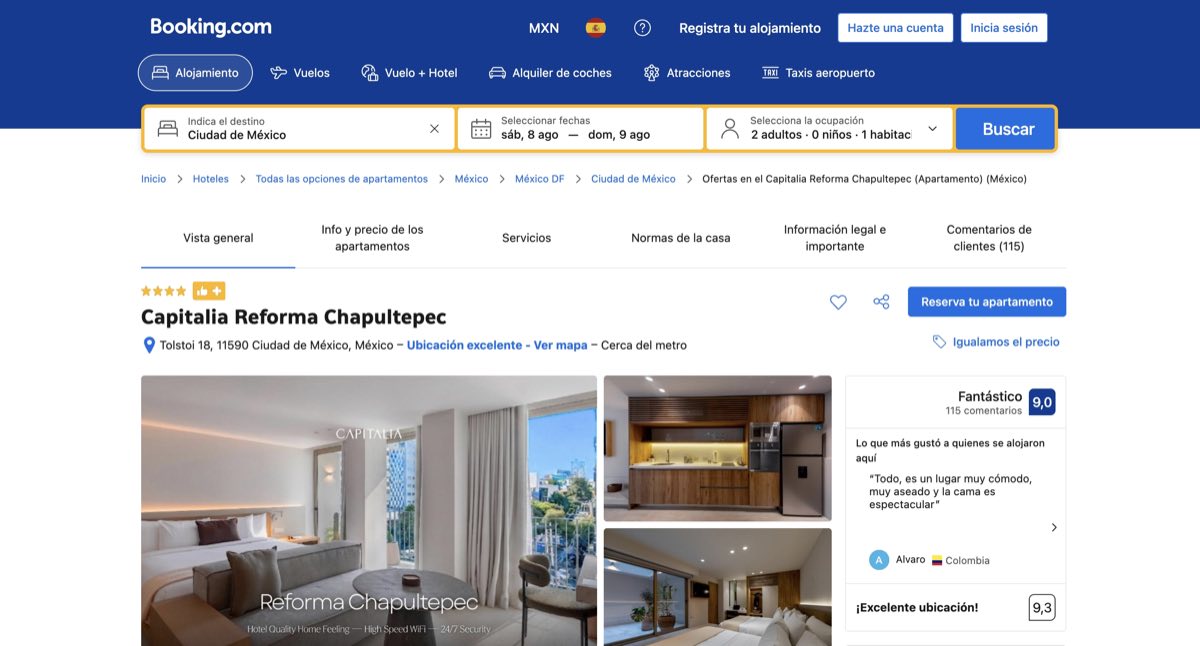Página de reserva en Booking.com para un apartamento en Ciudad de México