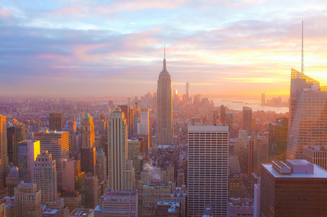 Manhattan skyline at sunset over the Hudson River