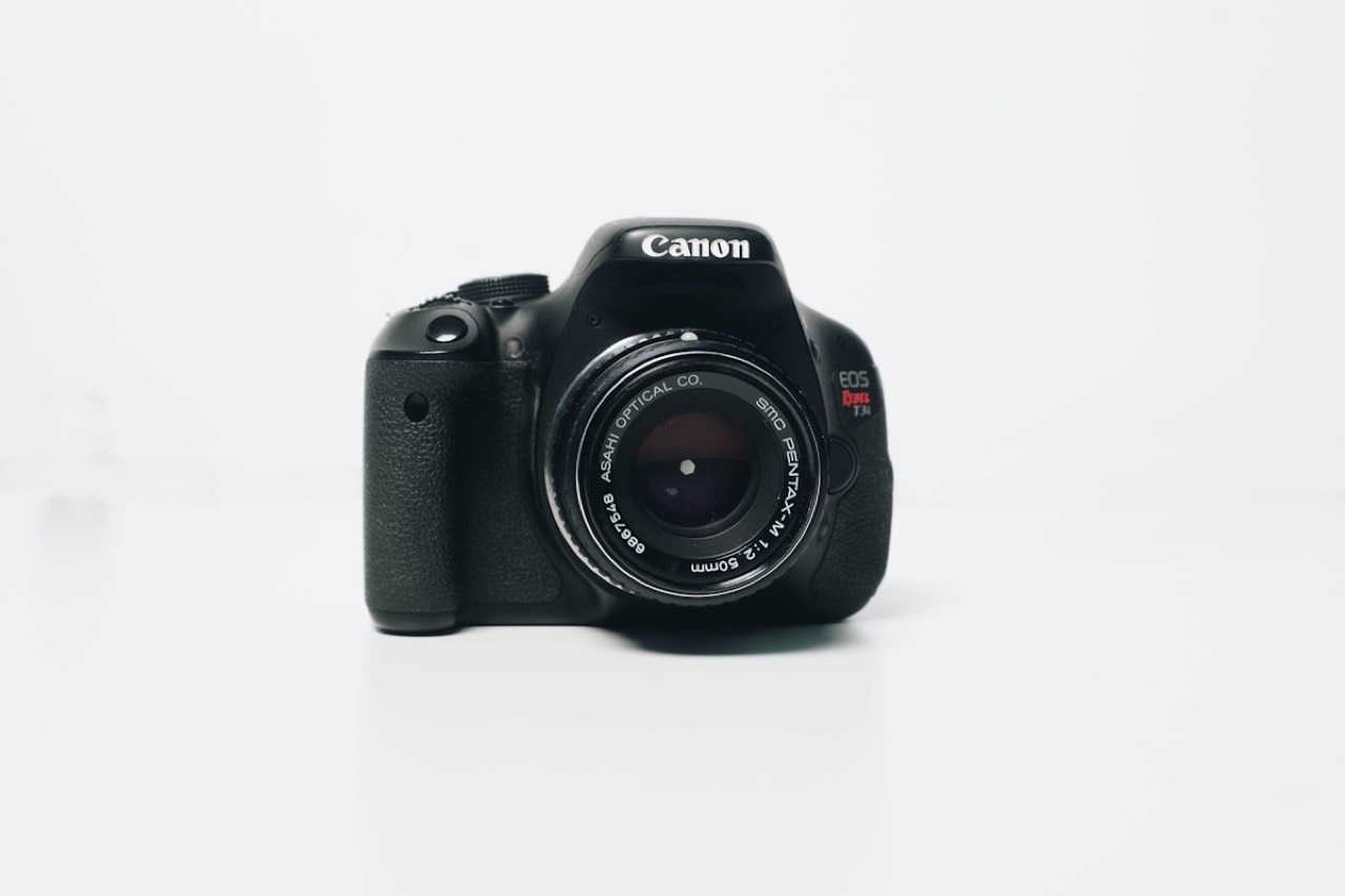 Canon DSLR camera with an 18-55mm kit lens on a white background