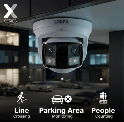 Dual-lens Lorex turret camera with on-screen labels for line crossing, parking area and people counting