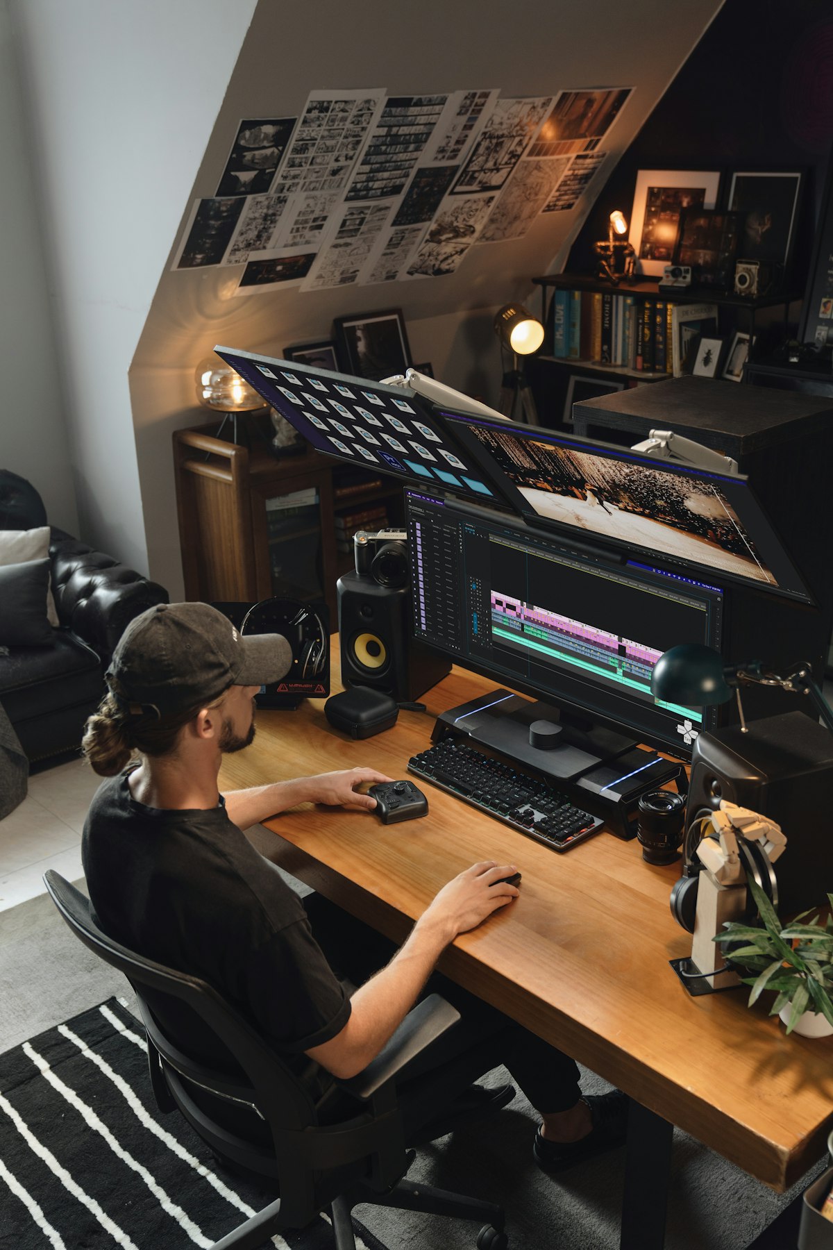 A modern computer desk setup with a curved monitor and RGB keyboard