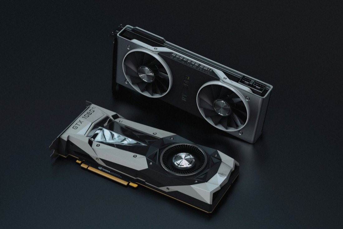 Two high-end graphics cards on a dark background