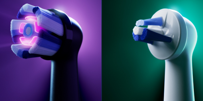 Two Oral-B brush head types side by side — a round oscillating head and a flat-bristle head