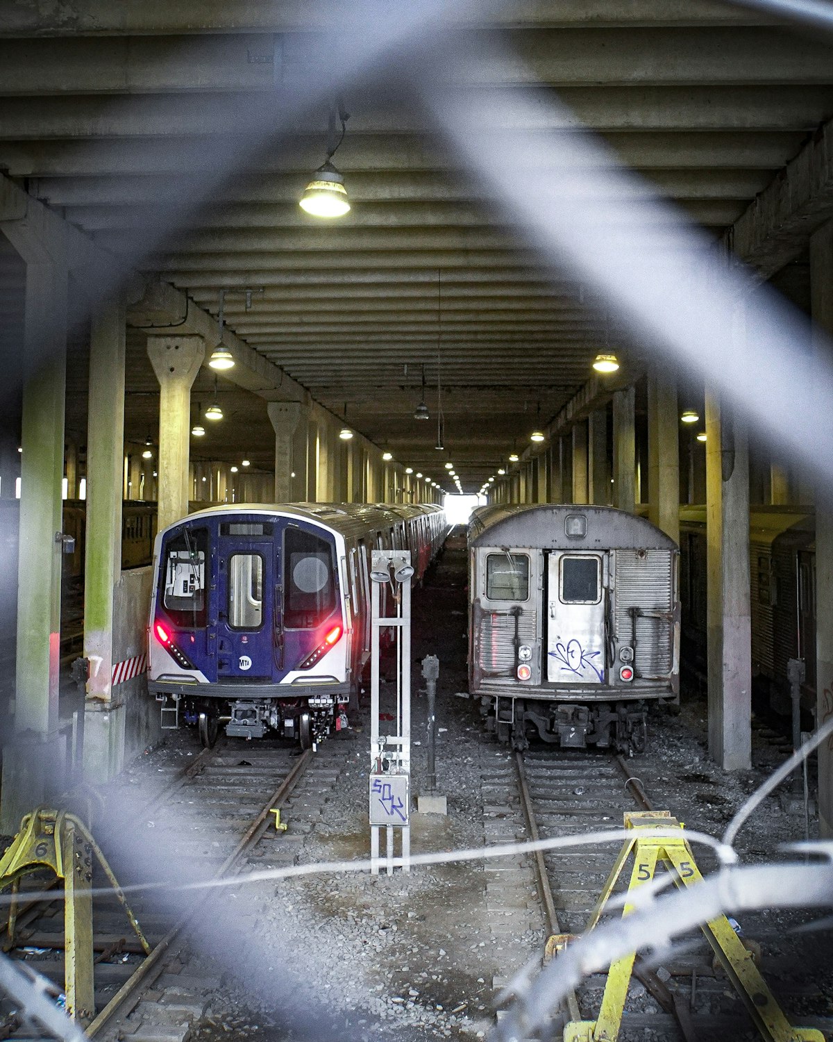 Two trains parked side by side at a station